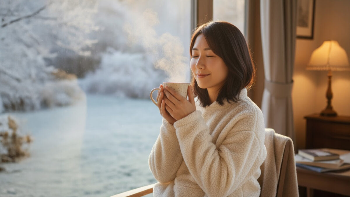 寒い朝コーヒーを飲む女性